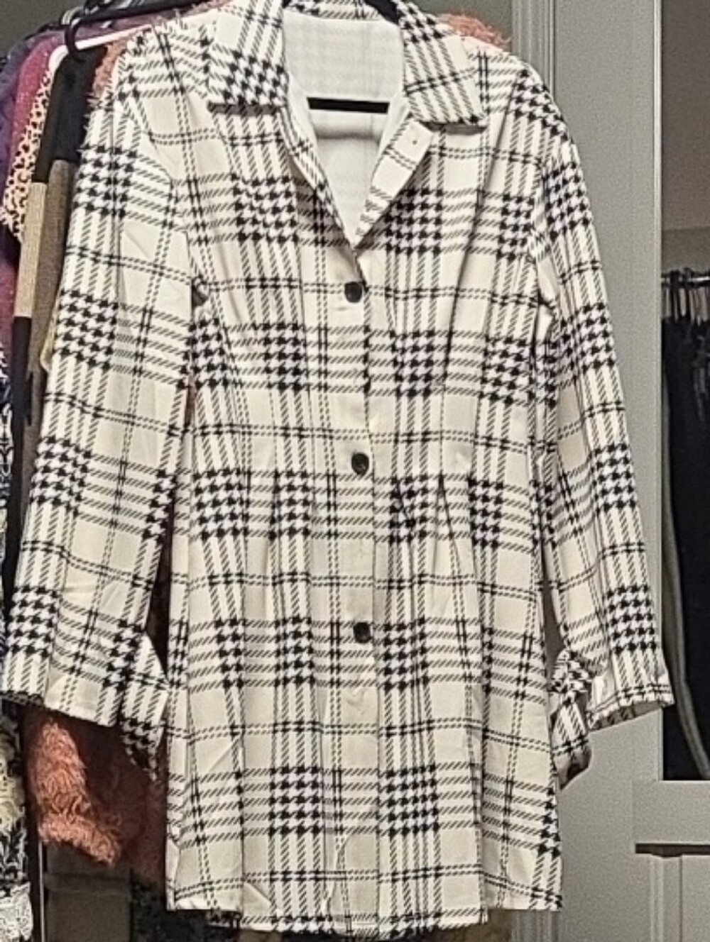 Plaid Button-Up Women's Dress- White Black